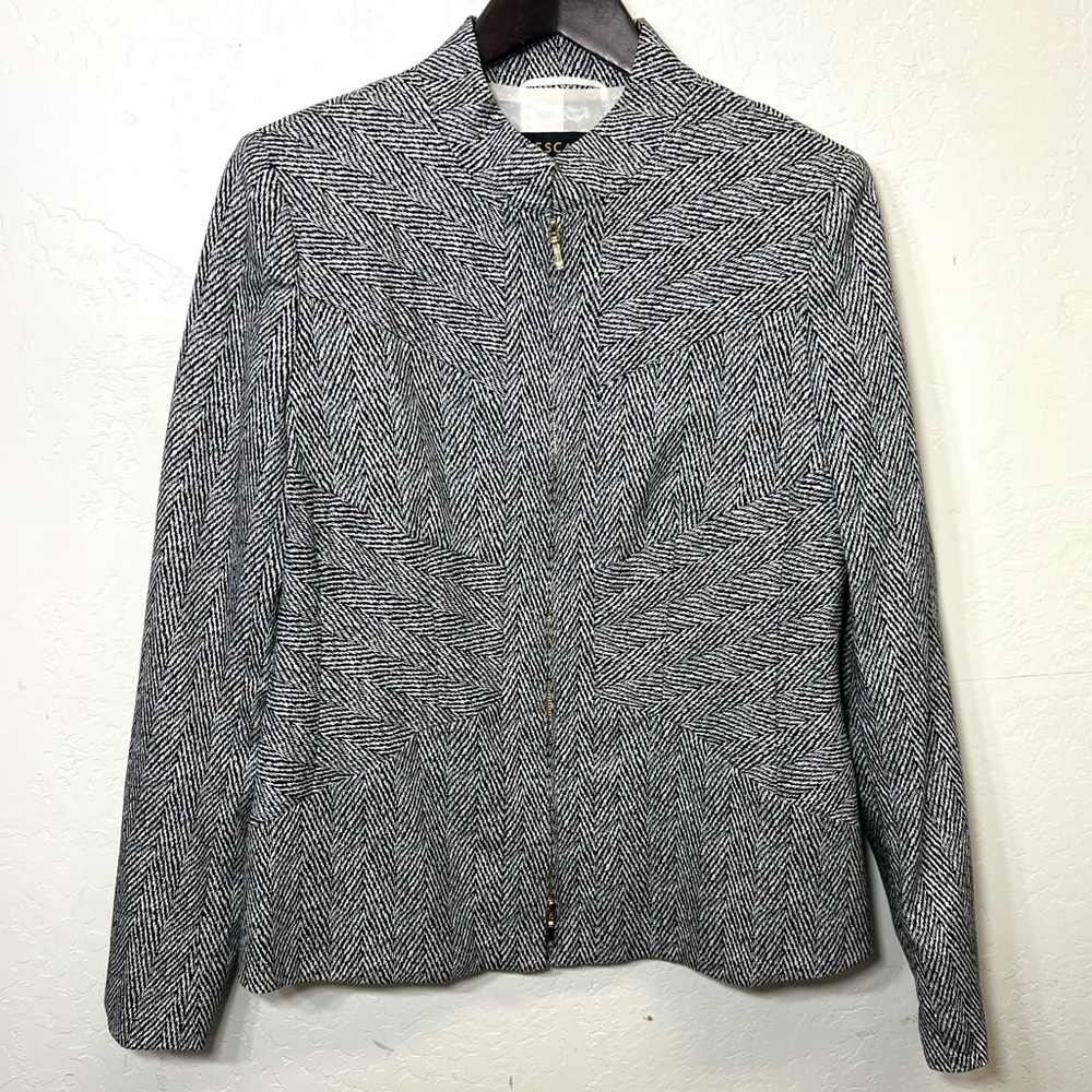 Escada Blazer Jacket Black and White Gold Tone Zipper Size 40 Medium